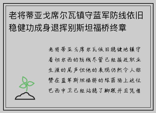 老将蒂亚戈席尔瓦镇守蓝军防线依旧稳健功成身退挥别斯坦福桥终章 老将蒂亚戈席尔瓦镇守蓝军防线依旧稳健功成身退挥别斯坦福桥终章