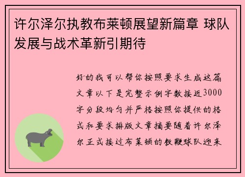 许尔泽尔执教布莱顿展望新篇章 球队发展与战术革新引期待 许尔泽尔执教布莱顿展望新篇章 球队发展与战术革新引期待